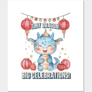 Celebrating with Tiny Dragon: Red & Baby Blue Watercolor Art Posters and Art